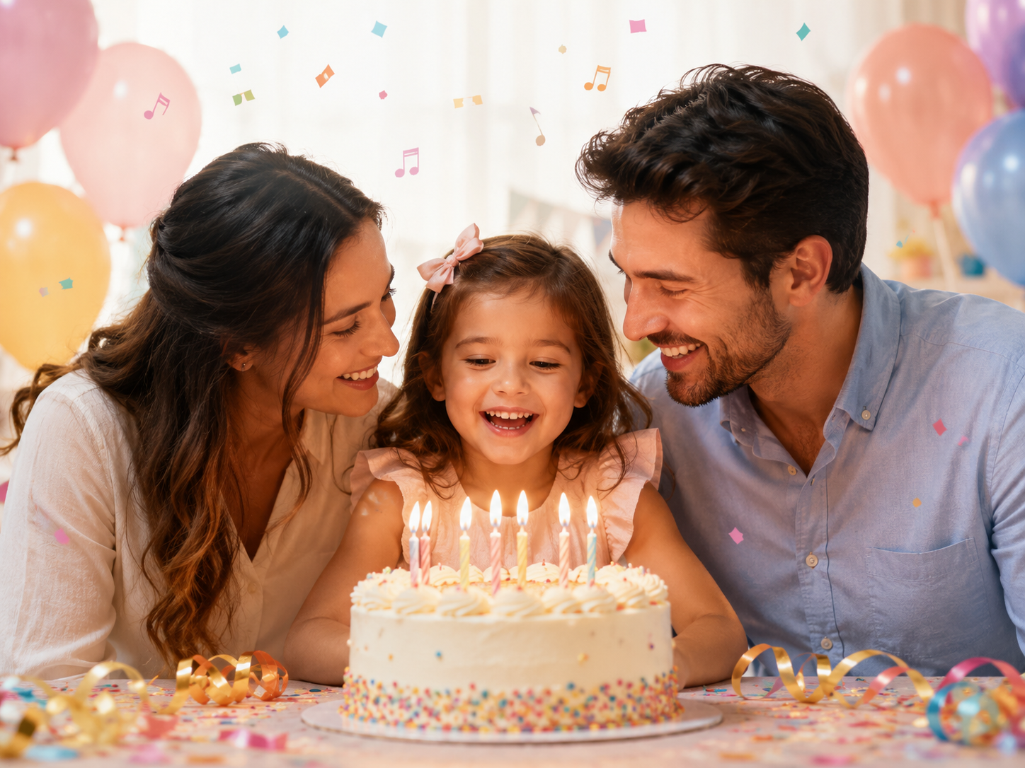 Parents et enfant autour d’un gâteau d’anniversaire avec bougies